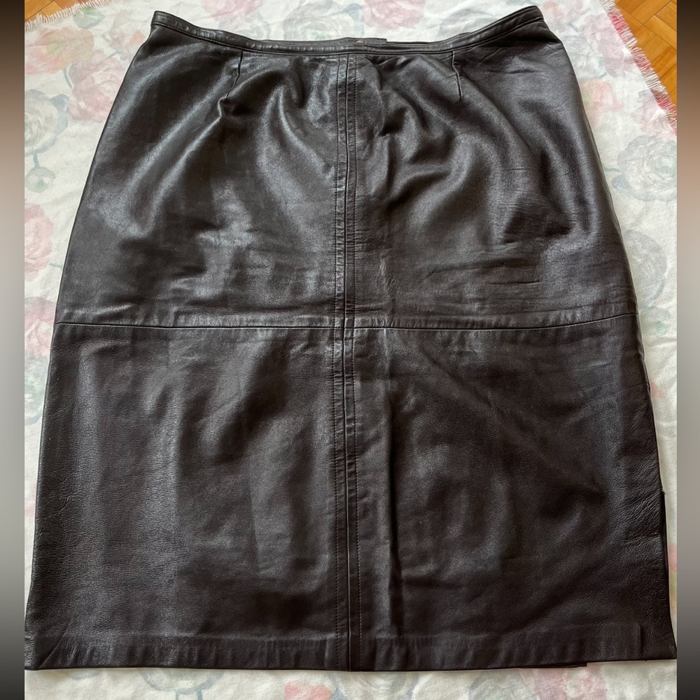 Chocolate Genuine Leather Buttery Soft Midi pencil skirt, demure 7” side slit.